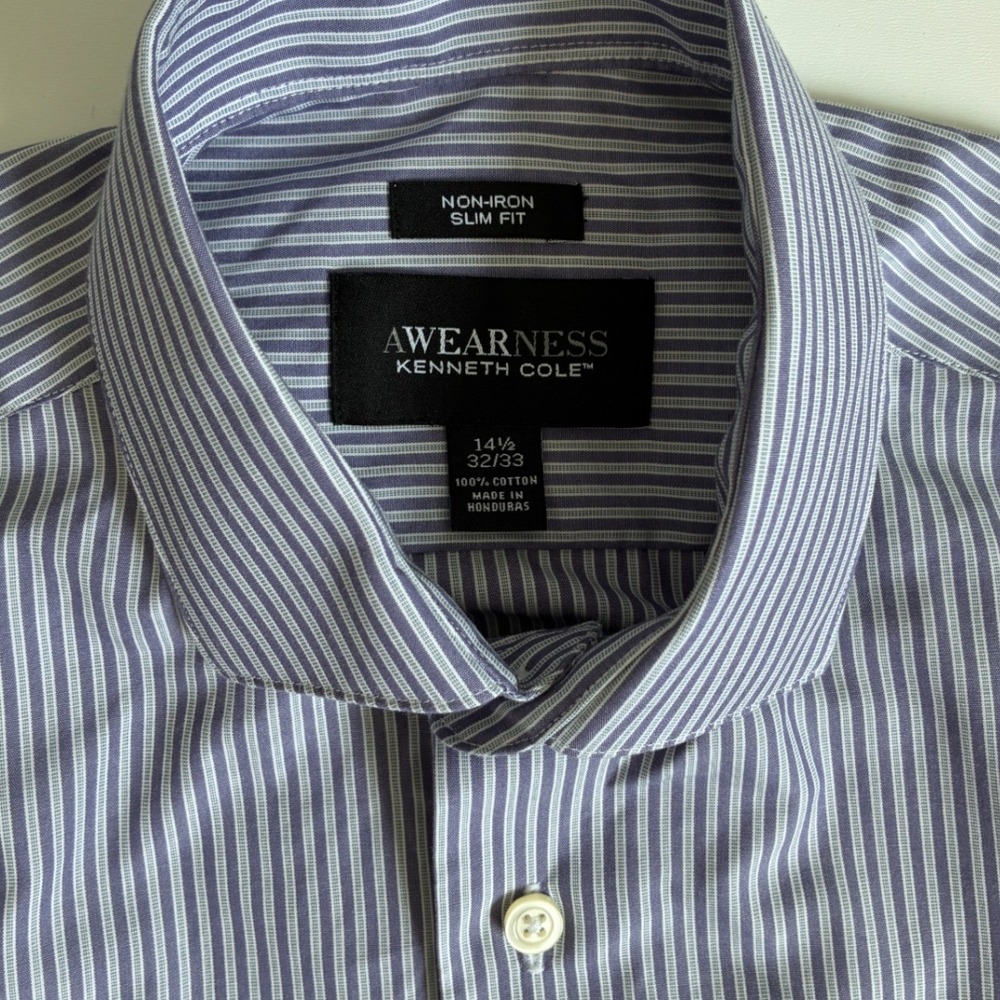 Awearness Kenneth Cole Mens Blue Striped Slim Fit Non-Iron Shirt 14.5 32/33 - Picture 3 of 8